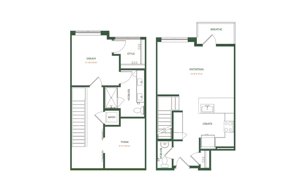 TH-A1 - 1 bedroom floorplan layout with 1.5 bath and 1036 square feet.