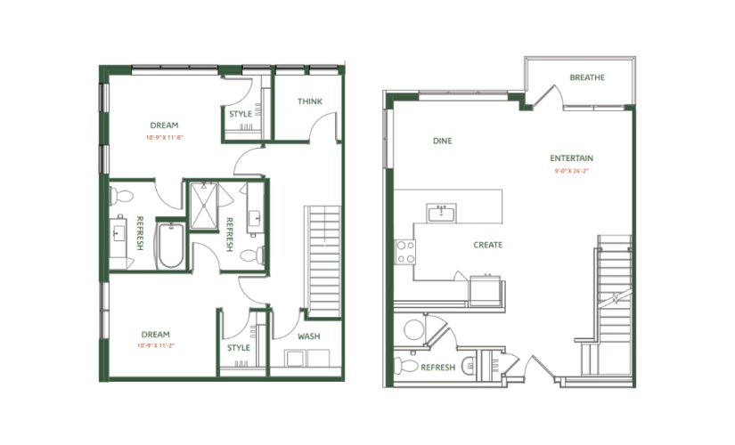 TH-B1 - 2 bedroom floorplan layout with 2.5 bathrooms and 1493 square feet