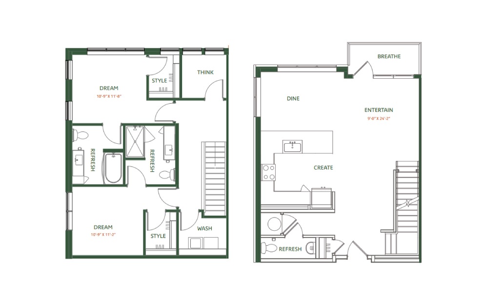 TH-B1 - 2 bedroom floorplan layout with 2.5 baths and 1493 square feet.