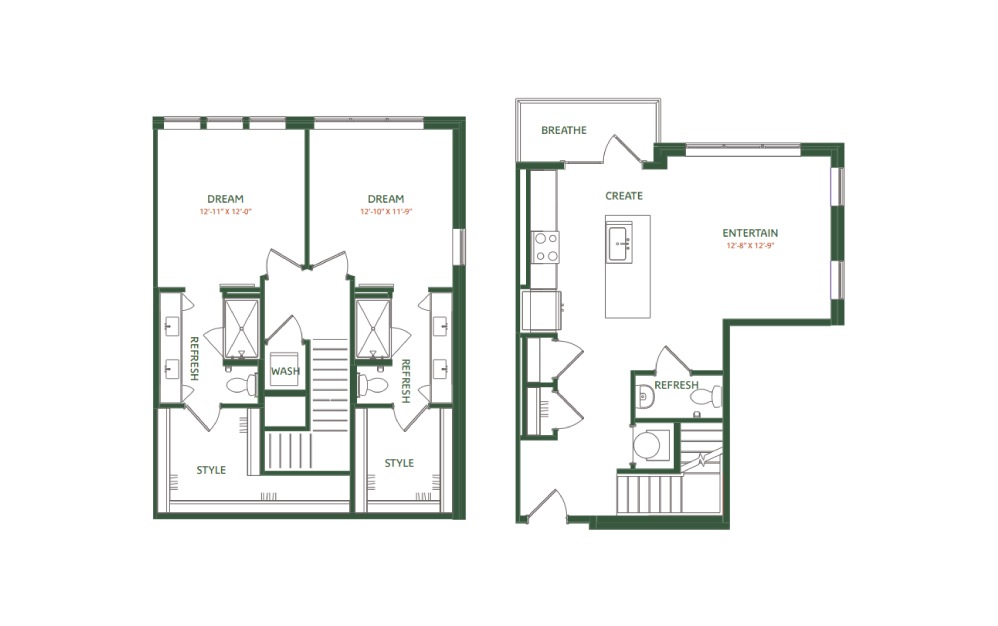 TH-B2 - 2 bedroom floorplan layout with 2.5 baths and 1356 square feet.