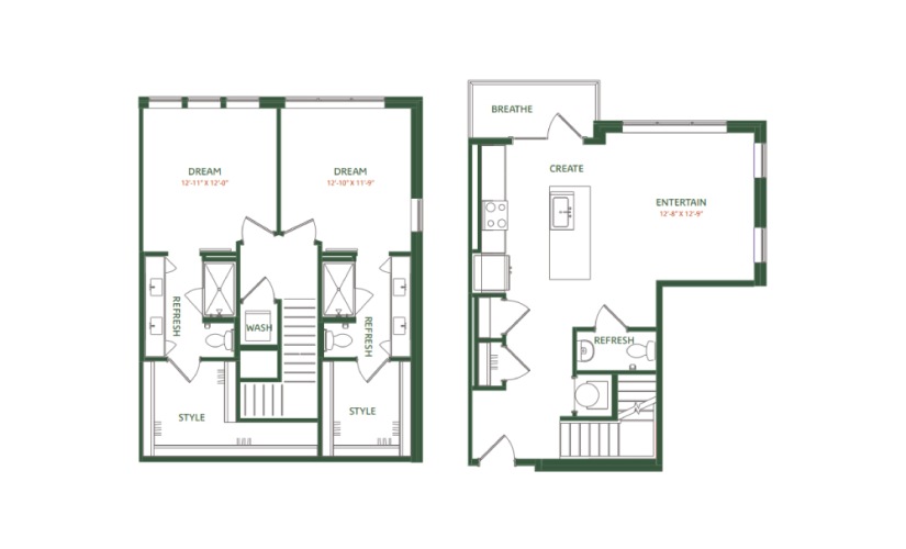 TH-B2 - 2 bedroom floorplan layout with 2.5 bathrooms and 1356 square feet